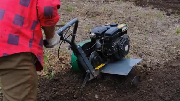 Homem idoso arado o solo com um cultivador ou tillerblock — Vídeo de Stock