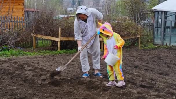 Dziecko w stroju jednorożca pomaga rolnik sadzić ziemniaki w ogrodzie — Wideo stockowe