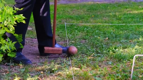 La persona juega un juego deportivo de croquet en un campo verde golpea mazos en una pelota y conduce a través de aros — Vídeos de Stock