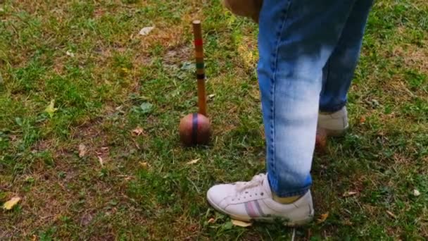Person spelar en sport spel krocket på en grön fält strejk klubbor på en boll och bedriver genom tunnband — Stockvideo