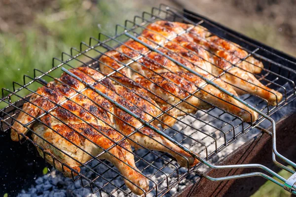 Two Chickens Grilled Charcoal Barbeque Brazier — Stock Photo, Image