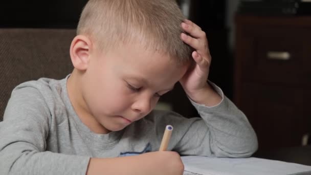 연필을 들고 숙제를 하고 있는 5 세 소년 — 비디오