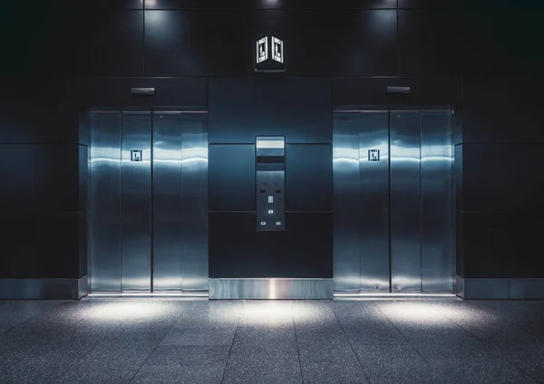 Dark Hall Airport Lit Bluish Neon Glow Two Modern Elevators — Stock Photo, Image