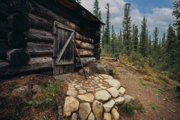 Una Casa Hecha Troncos Con Escalones Piedra Cima Colina Rodeada —  Fotos de Stock