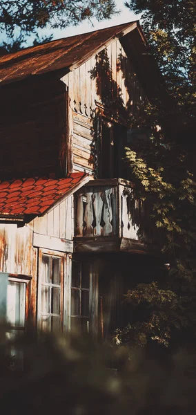 Perspective View Old Wooden House Corner Shadow Rowan Tree Vertical — Fotografia de Stock