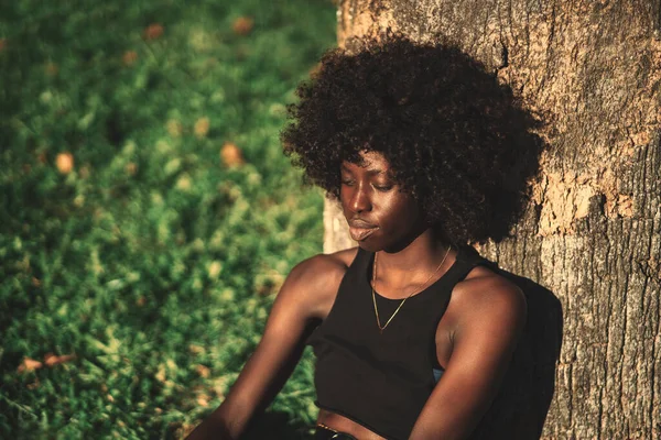 一个可爱的沉思的年轻黑人女士的画像 她一头蓬松的卷曲的头发 在温暖的阳光灿烂的日子里靠着树 坐在公园的草坪上 左边是一个复制的空间 上面有一则广告信息 — 图库照片