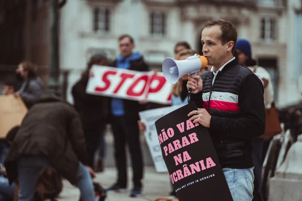 Lisszabon Portugália 2022 Február Egy Ember Egy Hangosbeszélővel Putyin Nem — Stock Fotó