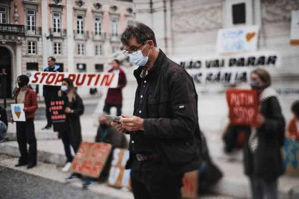 Lissabon Portugal Februar 2022 Echte Schräglage Aufnahme Eines Demonstranten Der — Stockfoto
