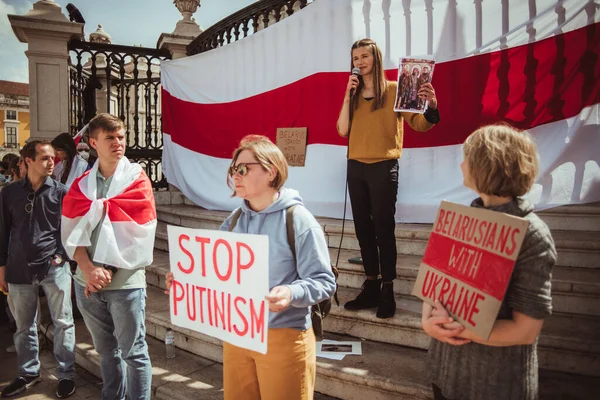 Lisbon Portugal March 2022 Belorussian Manifestation Support Ukraine Invasion Aggressive — Stock Photo, Image