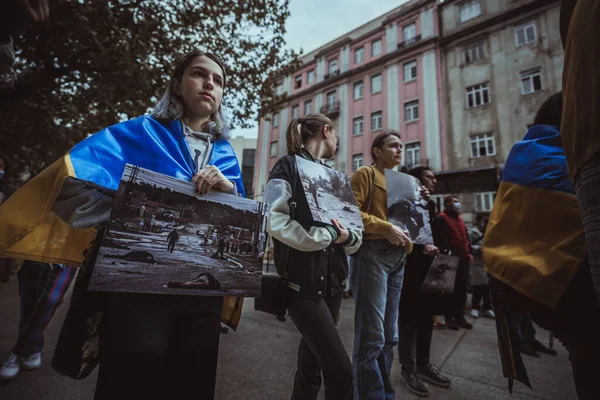 Lisbon Portugal April 2022 Protest Performance War Crimes Ukrainian Bucha — стоковое фото