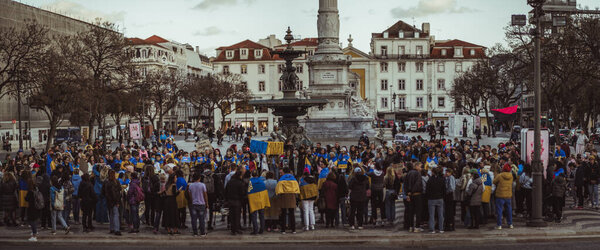 Lisbon, Portugal - April 20, 2022: protest rally dedicated to saving the city of Mariupol which was attacked and almost totally destroyed by Russian military forces during the invasion of Ukraine