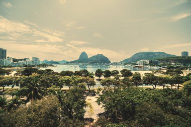 Rio de Janeiro, Brezilya 'nın Botafogo bölgesinin geniş açılı panoramik görüntüsü. Arka planda botları ve ön planda palmiyeleri olan turistik bir dağ olan Sugar Loaf (Pao de Acar).