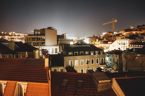 Szeroki Kąt Długiej Ekspozycji Nocy Lizbona Krajobraz Miejski Wielu Domów — Zdjęcie stockowe