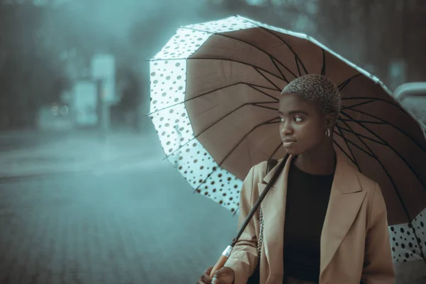 A low-key portrait of a ravishing young black lady with painted short hair, in a demi-season coat with a huge spotted umbrella surrounded by an autumn fog and rain, with a copy space place on the left