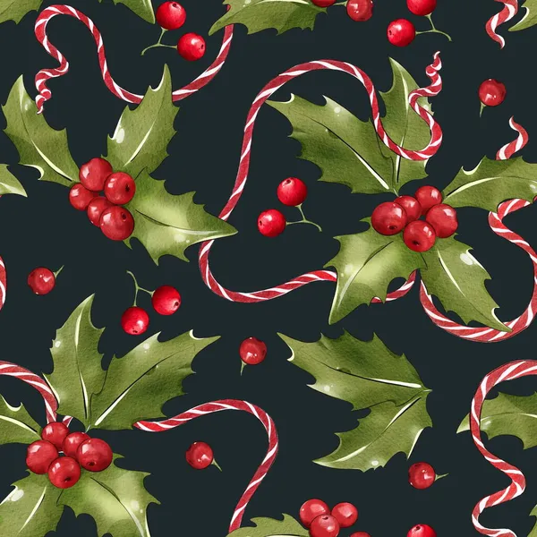 Natal sem costura padrão com azevinho e fita em um fundo escuro — Fotografia de Stock