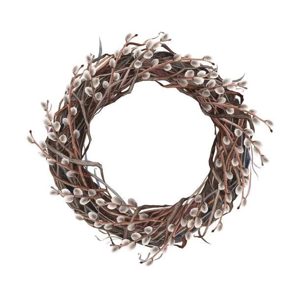Wreath of dry twigs with willow. Isolated on white — Stock Photo, Image