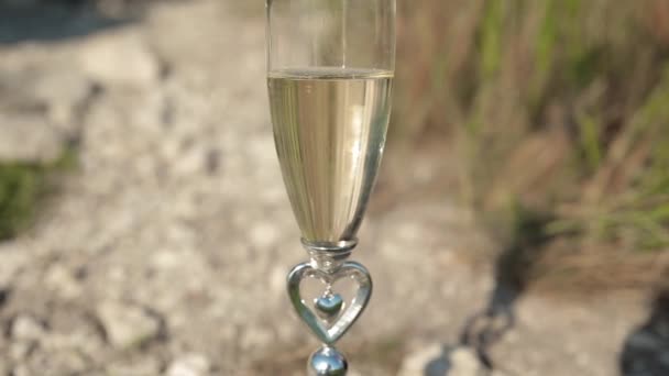 Twee gouden trouwringen vallen in een glas champagne. — Stockvideo