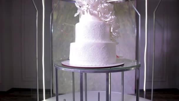 Elegant wedding cake with flowers in the wedding arch — Stock video