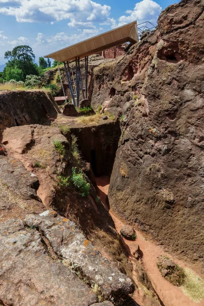 Lalibela Etiopía Agosto 2020 Vista Exterior Las Antiguas Iglesias Africanas — Foto de Stock