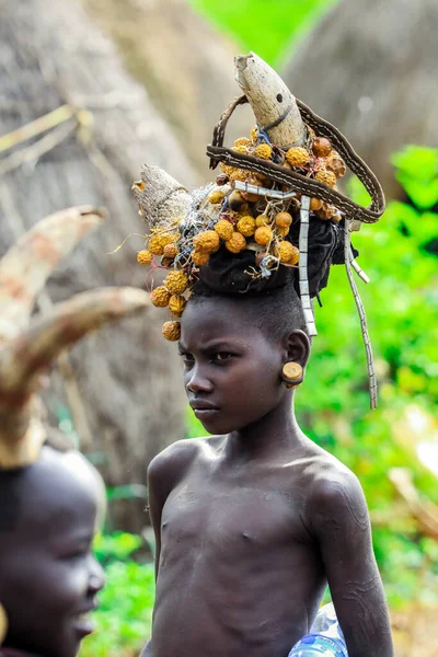Omo Valley River Ethiopia August 2020 Mursi People Children National — Stock Photo, Image