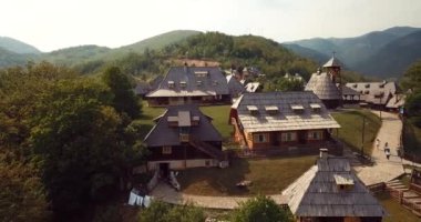 4K Aerial Footage Panoramic View of the Drvengrad, traditional wooden village in Serbia