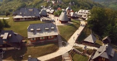 4K Aerial Footage Panoramic View of the Drvengrad, traditional wooden village in Serbia