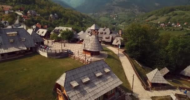 Aerial Footage Panoramic View Drvengrad Traditional Wooden Village Serbia — Stock Video