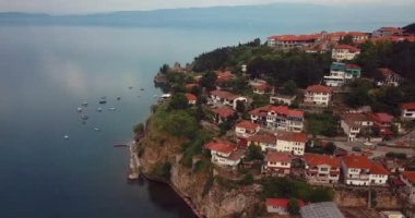 4K Aerial Footage of the Ohrid Lake and Cityscape of Ohrid, Cultural and Natural World Heritage Sites by UNESCO, Macedonia