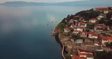 4K Aerial Footage of the Ohrid Lake and Cityscape of Ohrid, Cultural and Natural World Heritage Sites by UNESCO, Macedonia