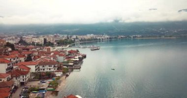 4K Aerial Footage of the Ohrid Lake and Cityscape of Ohrid, Cultural and Natural World Heritage Sites by UNESCO, Macedonia