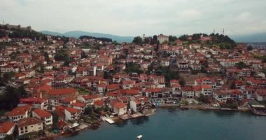 4K Aerial Footage of the Ohrid Lake and Cityscape of Ohrid, Cultural and Natural World Heritage Sites by UNESCO, Macedonia