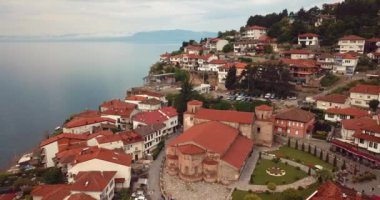 4K Aerial Footage of the Ohrid Lake and Cityscape of Ohrid, Cultural and Natural World Heritage Sites by UNESCO, Macedonia