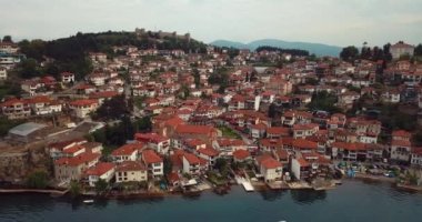 4K Aerial Footage of the Ohrid Lake and Cityscape of Ohrid, Cultural and Natural World Heritage Sites by UNESCO, Macedonia