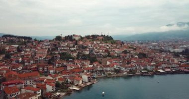 4K Aerial Footage of the Ohrid Lake and Cityscape of Ohrid, Cultural and Natural World Heritage Sites by UNESCO, Macedonia