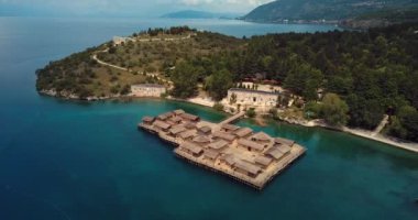 4K Aerial Footage of the Museum on Water  Bay of Bones on the Ohrid Lake, Northern Macedonia