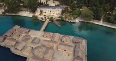 4K Aerial Footage of the Museum on Water  Bay of Bones on the Ohrid Lake, Northern Macedonia