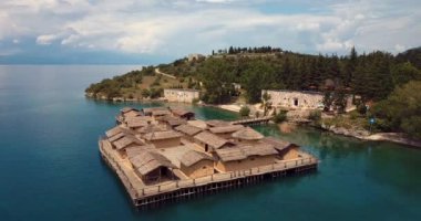 4K Aerial Footage of the Museum on Water  Bay of Bones on the Ohrid Lake, Northern Macedonia