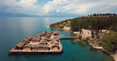 4K Aerial Footage of the Museum on Water  Bay of Bones on the Ohrid Lake, Northern Macedonia