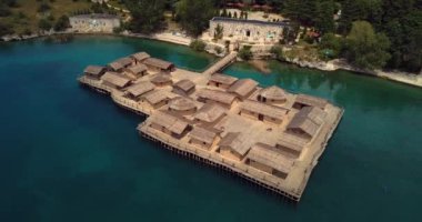 4K Aerial Footage of the Museum on Water  Bay of Bones on the Ohrid Lake, Northern Macedonia