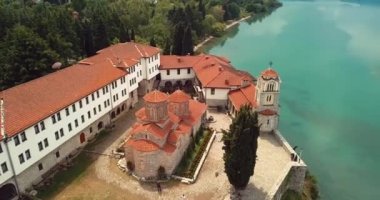 4K Aerial Footage View to the Monastery of Saint Naum, Eastern Orthodox monastery in North Macedonia