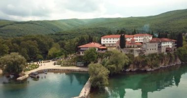 4K Aerial Footage View to the Monastery of Saint Naum, Eastern Orthodox monastery in North Macedonia