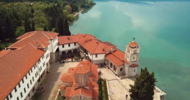 4K Aerial Footage View to the Monastery of Saint Naum, Eastern Orthodox monastery in North Macedonia