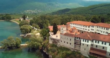 4K Aerial Footage View to the Monastery of Saint Naum, Eastern Orthodox monastery in North Macedonia