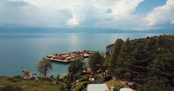 Aerial Footage Museum Water Bay Bones Ohrid Lake Northern Macedonia — Stockvideo