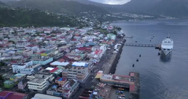 Aerial Footage Tropical Cruise Port Caribbean Sea Dominica Island — стоковое видео