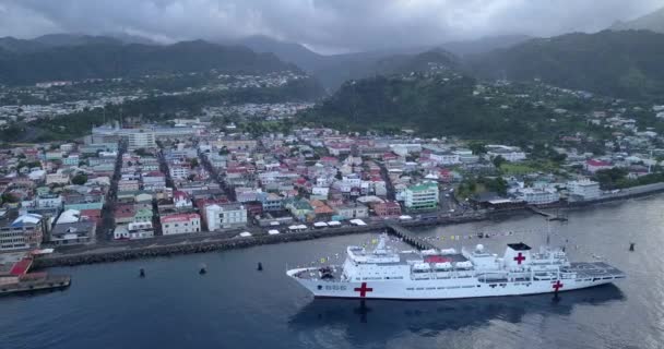Aerial Footage Tropical Cruise Port Caribbean Sea Dominica Island — ストック動画
