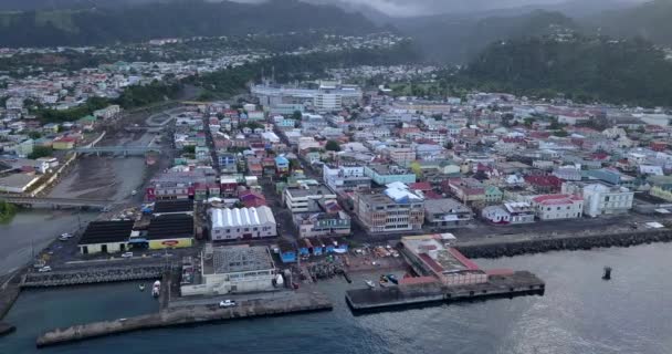 Aerial Footage Tropical Cruise Port Caribbean Sea Dominica Island — Vídeos de Stock