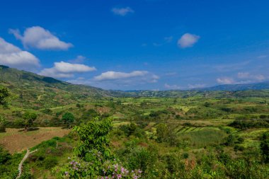 Omo Nehri Vadisi, Etiyopya 'nın Bulutlu Mavi Gökyüzünün Altındaki Yeşil Ağaçlar ve Dağlara Panoramik Görünüm