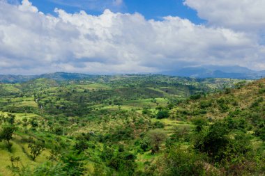 Omo Nehri Vadisi, Etiyopya 'nın Bulutlu Mavi Gökyüzünün Altındaki Yeşil Ağaçlar ve Dağlara Panoramik Görünüm