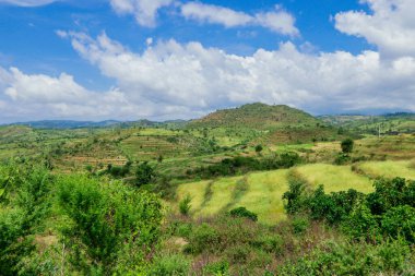 Omo Nehri Vadisi, Etiyopya 'nın Bulutlu Mavi Gökyüzünün Altındaki Yeşil Ağaçlar ve Dağlara Panoramik Görünüm